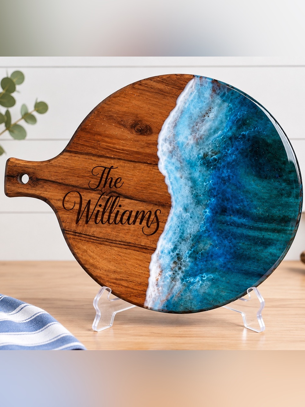 Custom Ocean Resin Wood Serving Board - Blue & White